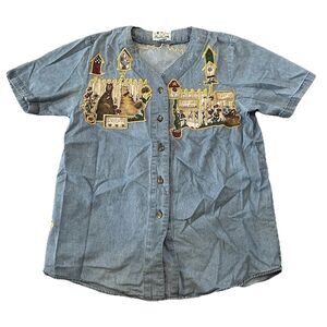 VTG The Quacker Factory Medium Embroidered Denim Shirt Cats Garden Rhinestone
